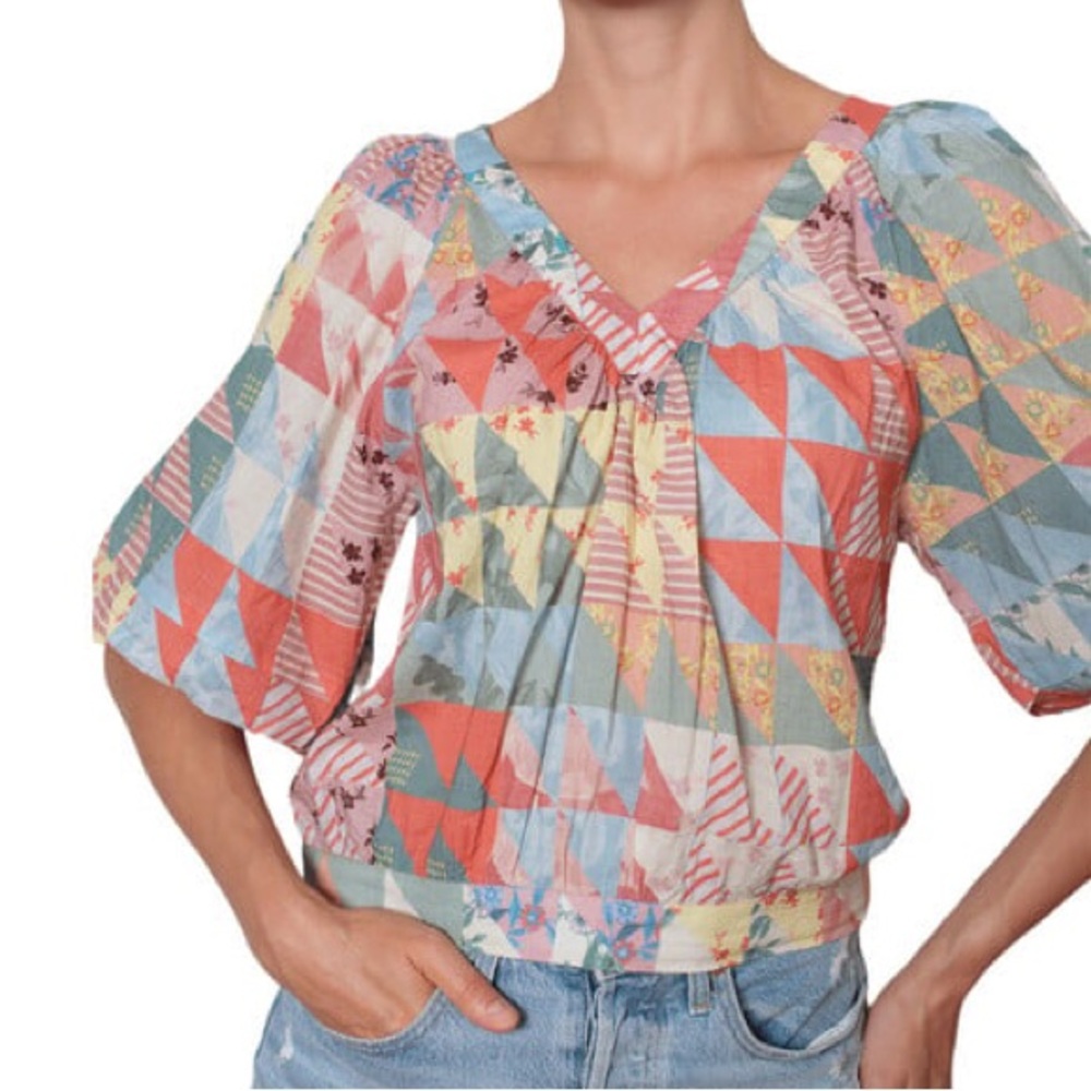 Ophelia & Indigo— Women’s Deep V-neck short puff sleeve top ~Pastel Geo